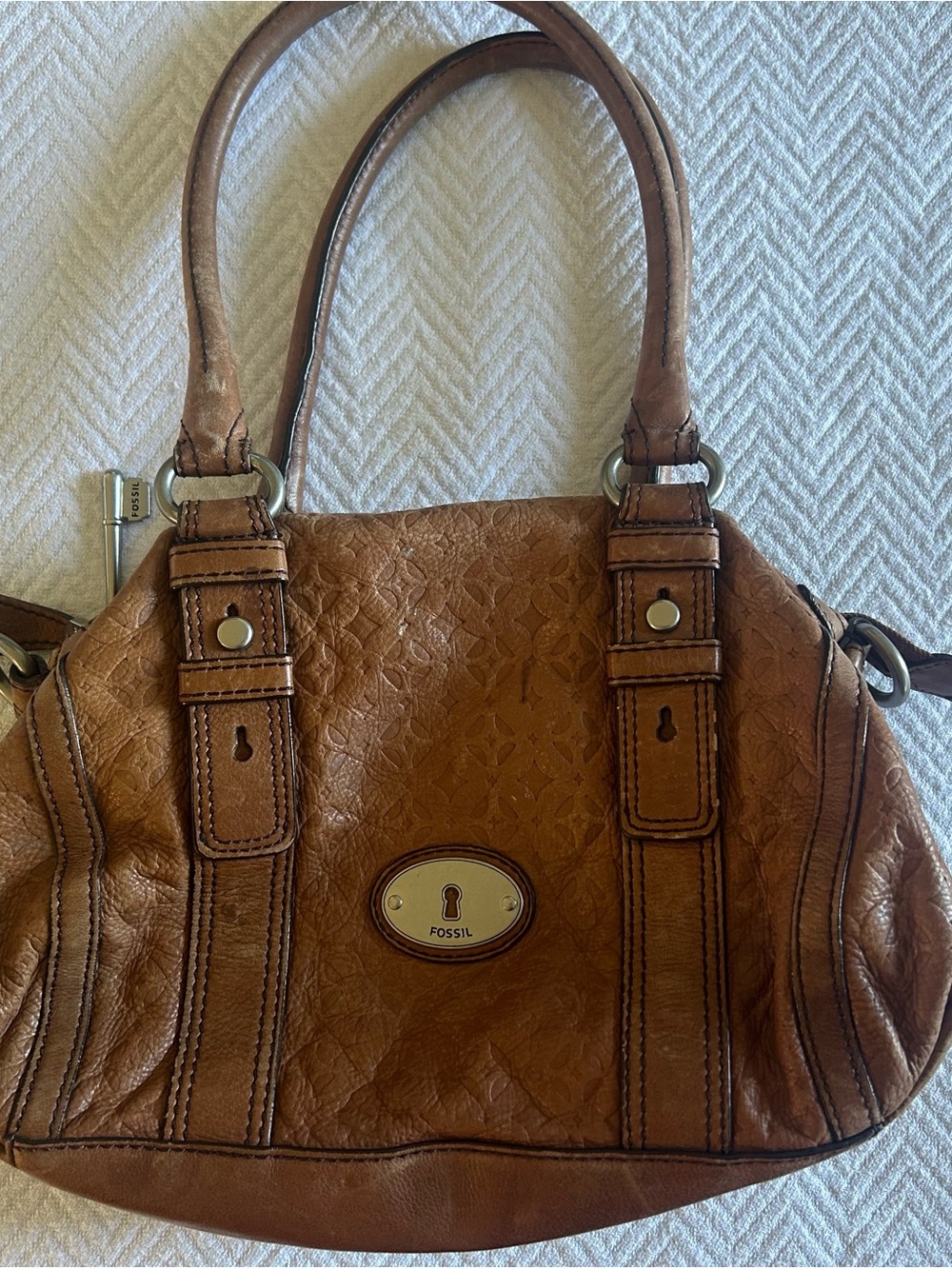 Fossil Brown Embossed Leather Shoulder Bag